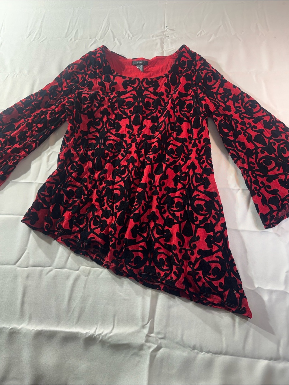 Alfani Medium Red and Black Patterned Velvet Burnout Top